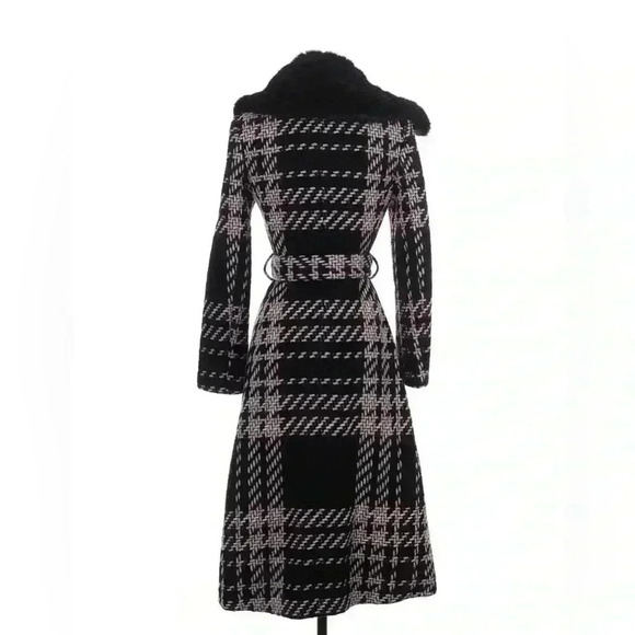 Kate Spade Wool Coat Plaid Belted Long Fur Collar Trim Pink Double Breasted 0 XS - Picture 9 of 10